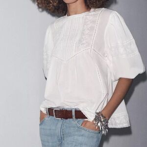 ZW Collection Embroidered Romantic Blouse, Oyster White, S, NWT